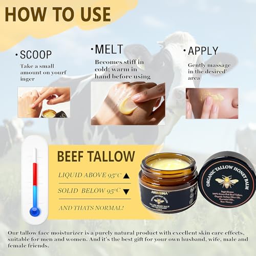 Organic Grass-Fed Tallow Honey Balm, Beef-Tallow for Skin Whipped Beef Tallow and HoneyBalm with Raw Honey - Natural Beef Tallow Face Moisturizer for Body & Face (2 Oz)