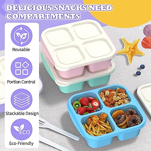 RGNEIN Bento Lunch Box for Kids (4 Pack) - 4-Compartment Salad Container for Lunch, Reusable BPA-Free Food Prep Containers, Snack Container for School, Work, and Travel (White Lid)