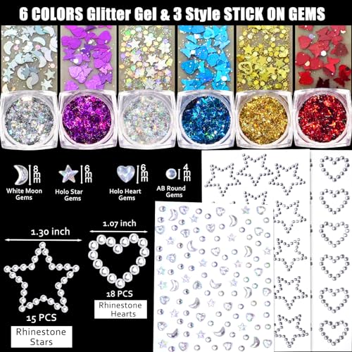 Face Glitter Body Glitter Gel with Face Heart Star Stickers, 6 Colors Hair Glitter Gel with Self Adhesive Face Gems Stick on Rhinestone Stickers for Face, Hair, Body for Festival Makeup