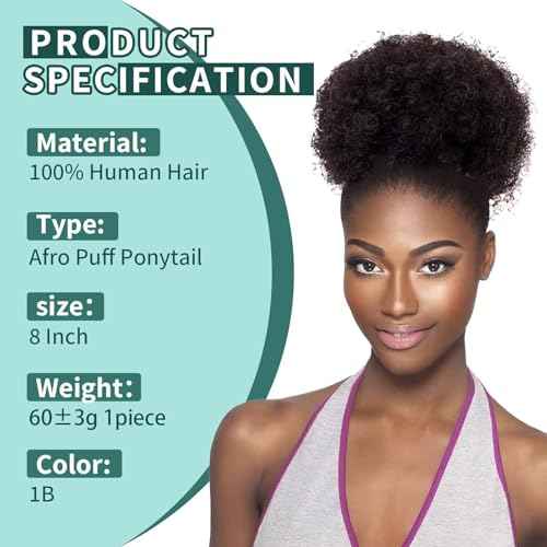 Afro Puff Clip On Human hair Drawstring Ponytail for Black Women,Ponytail Extension 8 Inch #1B Natural Black 60g Short Afro Kinkys Curly Afro Bun Extension Hairpiece