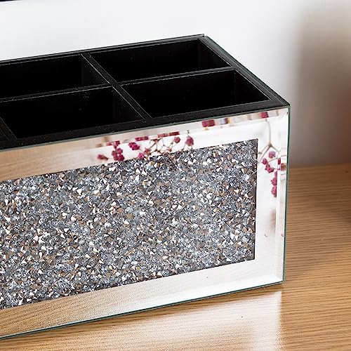 SHYFOY Makeup Brush Holder Organizer with Crushed Diamond 6 Slot Mirrored Make up Cosmetics Organizers and Storage for Vanity Countertop