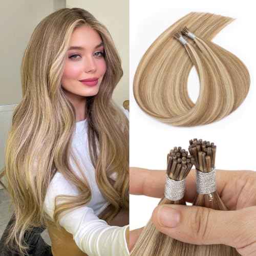 I Tip Hair Extensions Human Hair, 50g 50s 20 Inch Ash Brown Mix Bleach Blonde Remy Itip Human Hair Extensions Invisible Itips Straight I Tips Fusion Extensions Real Human Hair #8/613
