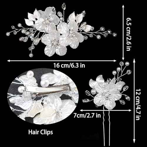3 PCS Large Flower Bridal Wedding Hair Pins Crystal Pearl Hair Clips Headpiece Bride Hair Accessories Jewelry with Rhinestone, Glitter Emboss White Flower
