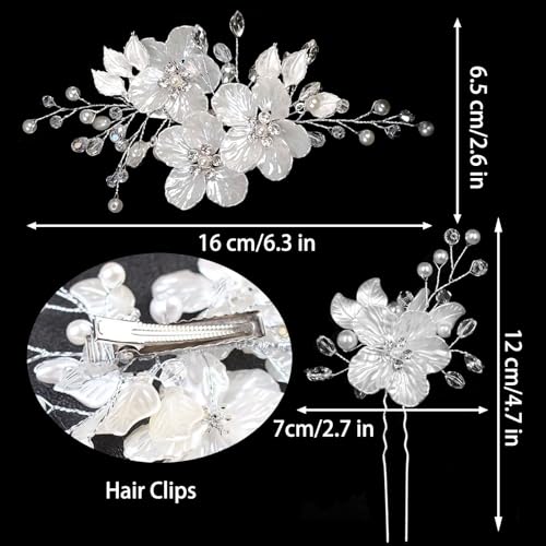 Bridal Flower Hair Clips & Pins Set - Crystal Pearl Wedding Headpiece