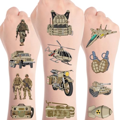 Army Temporary Tattoos - 8 Sheets Military Tattoo Stickers, Soldiers Aircraft Tanks Helicopter Army Birthday Party Prizes Rewards Gifts Party Favors