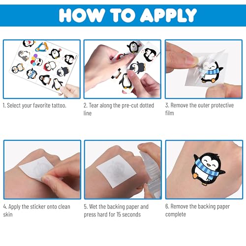 96 Penguin Temporary Tattoos for Kids - Pre-Cut No Scissors
