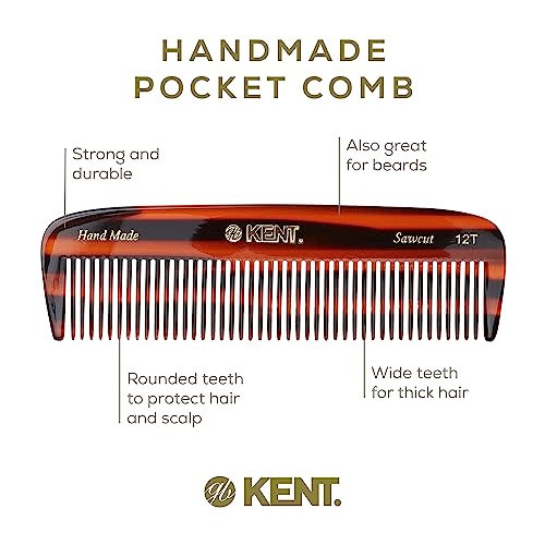 Kent 12T Tortoise Pocket Comb - Handmade Wide Tooth Hair Comb for Men, Women, and Kids - Travel, Beard, and Mustache Comb - Saw Cut and Hand Polished Made in England