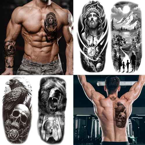 82 Sheets Temporary Tattoos Stickers, Fake Body Arm Chest Shoulder Tattoos for Men and Women, Halloween Temporary Tattoos Black Fake Skull Skeleton Tattoos for Halloween Cosplay