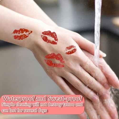 156Pcs Red Lip Kiss Tattoos Temporary - 12Sheets Pink Black Lip Prints Temporary Tattoos for Face Body Waterproof Bright Color Kisses Sticker
