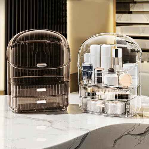 DASITON Makeup Organizer for Vanity,Large Capacity Cosmetic Organizer for Countertop,3 Layers Makeup Storage Organizer,Waterproof & Dustproof Cosmetic Display Case for Bathroom,Dresser,Bedroom(Coffee)