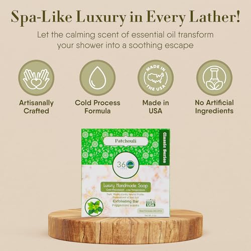 360Feel Patchouli Soap - Made in the USA - Castile Handmade, All Natural, Cold Processed - Infused with Patchouli for Relaxation and Gentle Cleanse - Rich Moisturizing Lather - 5 oz