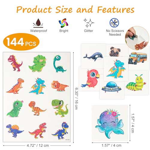 Habett Glitter Temporary Tattoos for Kids, 144-Pack