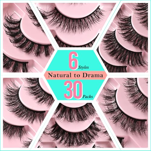 FARRED Lashes Natural False Eyelashes 6 Styles Wispy Strip Lash Pack 30 Pairs Cat Eye Fake Mink Eyelash Strips Short Fluffy Wispies Easy Lashes for Beginners Eye Lash Natural Looking for Daily Makeup