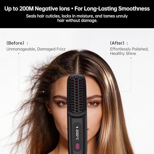 GERY Go Brush Pro Black Cordless Hair Straightener Brush for Short Hair, MCH Heat