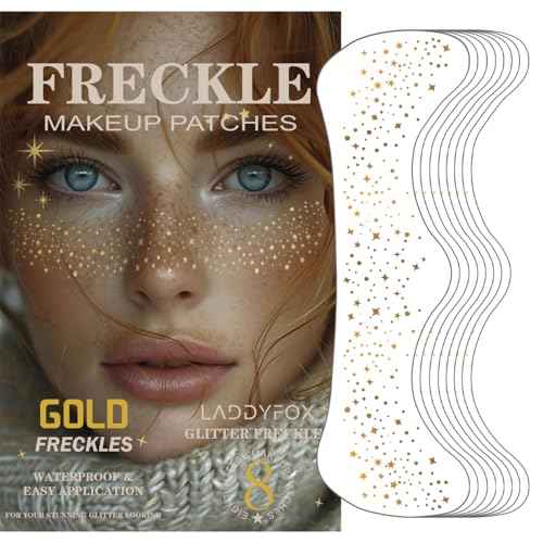 8 Pcs Gold Face Makeup Patches, Gold Glitter Freckles Face Tattoo, Glitter Freckles, Sparkle Makeup Patches, Waterproof Face Glitter Temporary Tattoos for Women