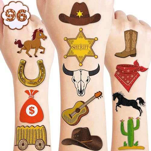 96 Pcs Western Cowboy Temporary Tattoos for Kids