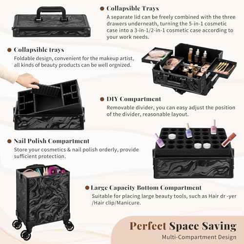 5-in-1 Rolling Makeup Train Case with Wheels | Professional Cosmetic Trolley