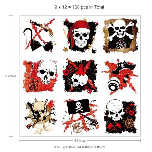 Cheerland Pirate Temporary Tattoo for Party Favor Pre-cut Pirate Ship Theme Decor Summerween Birthday Decorations Halloween Skull Crossbone Treasure Map Tattoo Face Stickers Party Supplies 108Pcs