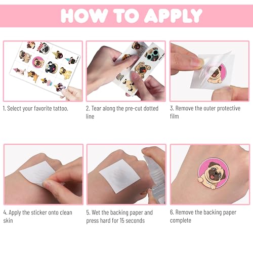 96 Pcs Pug Temporary Tattoos for Kids - Party Favors