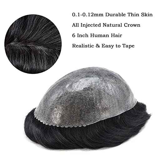 Toupee for Men Real Human Hair Piece Full Poly Thin Skin Men Hair Replacement System Mens Toupee Invisible Poly Coating Man Hairpieces8x10''-120% Density£¬1B# OFF BLACK