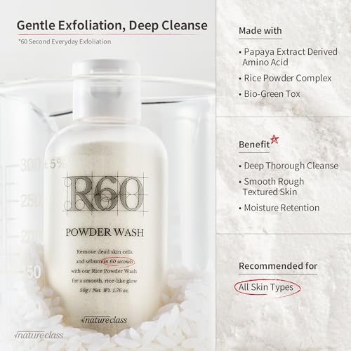 R60 Rice Enzyme Face Wash Powder ? Exfoliating Facial Cleanser with Rice Bran Extract, Gentle Powder Wash for Sensitive Skin, Deep Pore Care, Korean Skin Care, Fragrance Free, 1.76oz