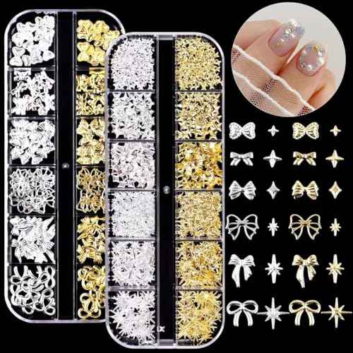 150PCS Gold Bow Nail Charm 3D Silver Nail Bows 12 Styles Mini Alloy Bowknot Diamonds Butterfly Gems Christmas Wedding Prom Crystal Rhinestones Decoration for Women Girls Crafts DIY 4