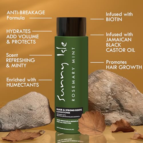 Sunny Isle Rosemary Mint Hair & Strong Roots Conditioner - Anti-Breakage, Growth, Biotin, Castor Oil - 12oz