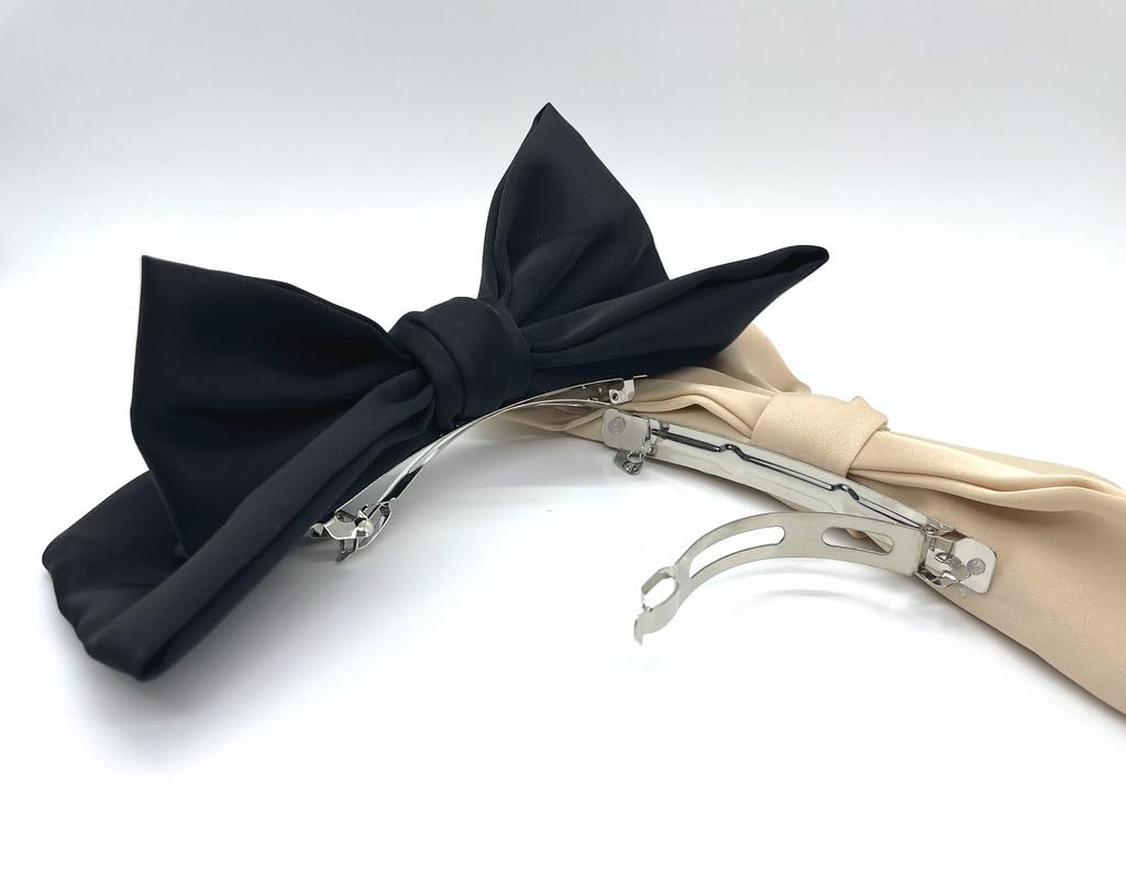 Bows Hair Barrettes Clips for Women 2 Pcs Silky Satin Vertical Hair Bow Black Beige Bowknot Ponytail Ribbon for Girls Holiday Party Birthday Gift