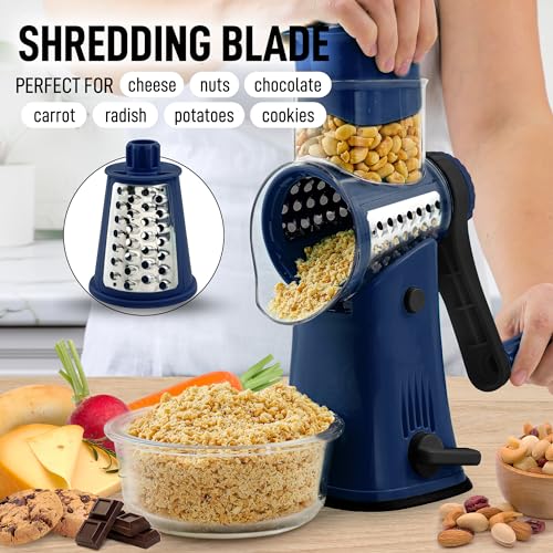 Zulay Rotary Cheese Grater 5 Blade Cheese Shredder - Manual Hand Crank Cheese Grater With Reinforced Suction & 5 Interchangeable Drums - Easy to Use Vegetable Chopper - Crystal Sapphire