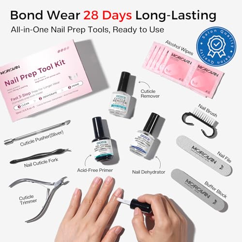 Morovan 10PCS Nail Prep & Care Kit with Dehydrator, Primer, Cuticle Remover & Manicure Tools - Complete DIY Gel Nail Set