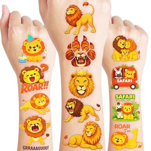 96 Lion Temporary Tattoos for Kids | Jungle Animal Party Favors