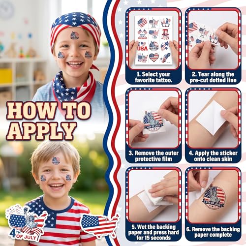 96 PCS USA Patriotic Temporary Tattoos for Kids | Fourth of July