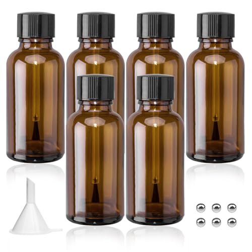 6PCS Large Empty Nail Polish Bottles with Brush, Brown Refillable Glass Varnish Cuticle Oil Bottles Travel Containers with Funnel & Mixing Balls for DIY Nail Art Cuticle Oils (30ML)