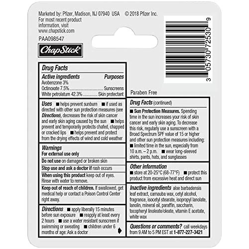 ChapStick Moisturizer Original Lip Balm Tubes Pack of 3 SPF 15 - Unflavored, Skin Protectant