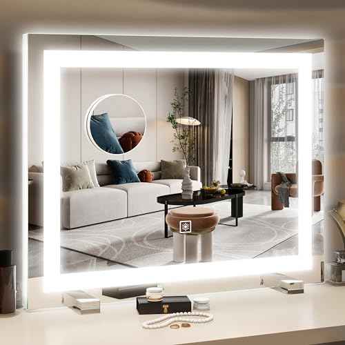 HNV 22"x20" Lighted Vanity Mirror ? Large Makeup Mirror with 3-Color Dimmable LED Lights, 10X Magnification, Touch Control, Tabletop or Wall Mount Mirror for Bedroom & Dressing Room (White)