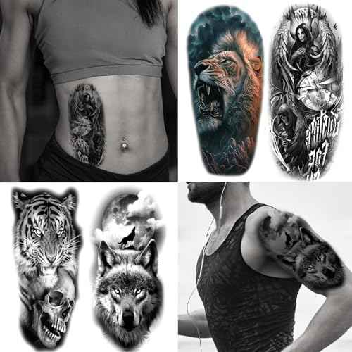 82 Sheets Temporary Tattoos Stickers, Fake Body Arm Chest Shoulder Tattoos for Men and Women, Halloween Temporary Tattoos Black Fake Skull Skeleton Tattoos for Halloween Cosplay