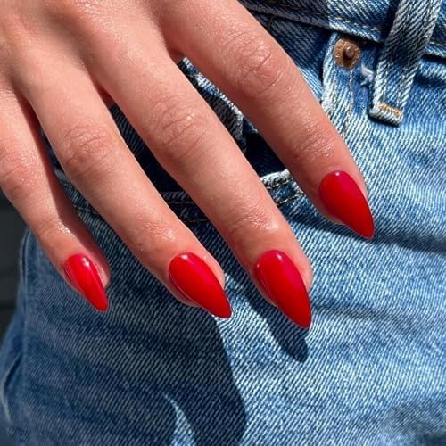 Orange Red Medium Length Press on Nails Almond Shape,Xcreando Neutral Easy Fake Nails Acrylic Full Cover Gel Opaque False Nails Simple Mani for Women Girl Daily Working in 24PCS