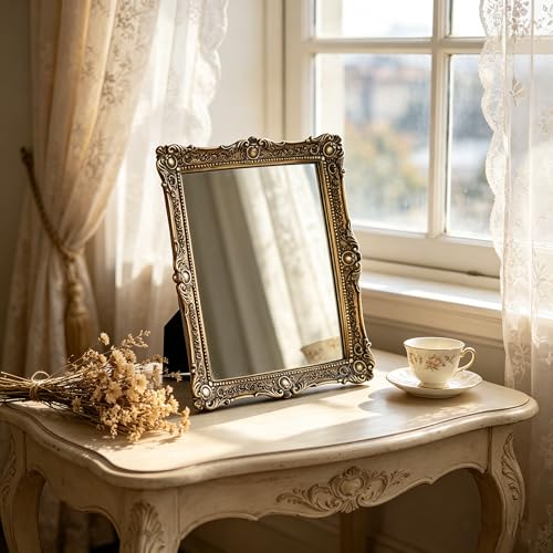 Antique Gold Wall Mirror 12 x 10 Inches - Freestanding or Wall Mount Decor