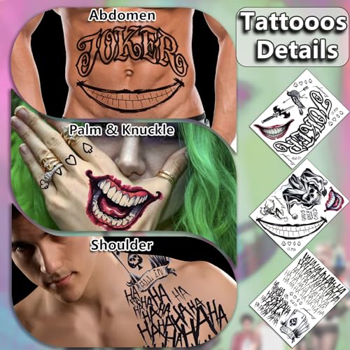 13 Sheets Joker Tattoos Halloween - HAHAHA Damaged JOKER Smile Temporary Tattoos for Kids Fake Tattoo Stickers Joker Costume Masquerade Cosplay Party Accessories Makeup Waterproof
