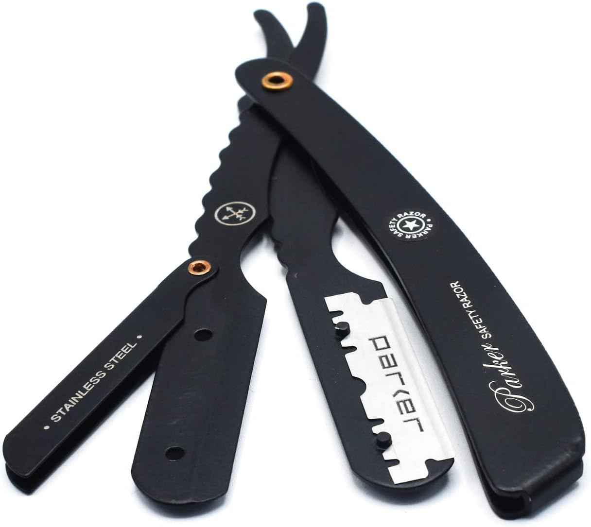 Parker SRXBLK Professional Stainless Steel Clip‑Style Barber Razor – Heavy‑Duty Black Finish with 5 Refill Blades, Ergonomic Weight for Barbers & Straight Razor Shaving Enthusiasts