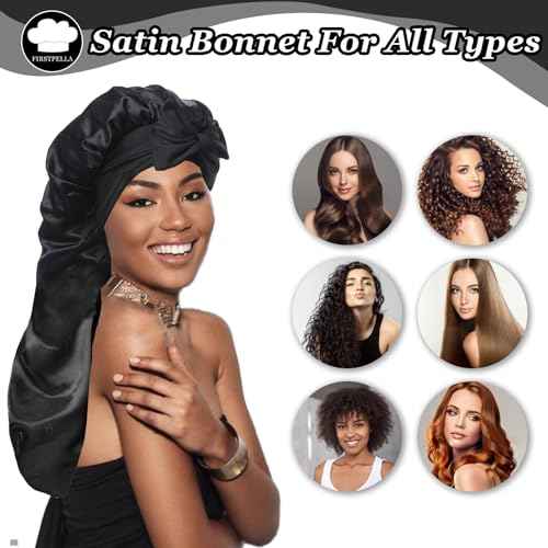 Silk Satin Hair Bonnet for Sleeping - Bonnets for Braids Black Women Curly Hair,Silk Hair Wrap Tie Band Long Big Silky Sleeping Cap with 2 Pcs Satin Scrunchies