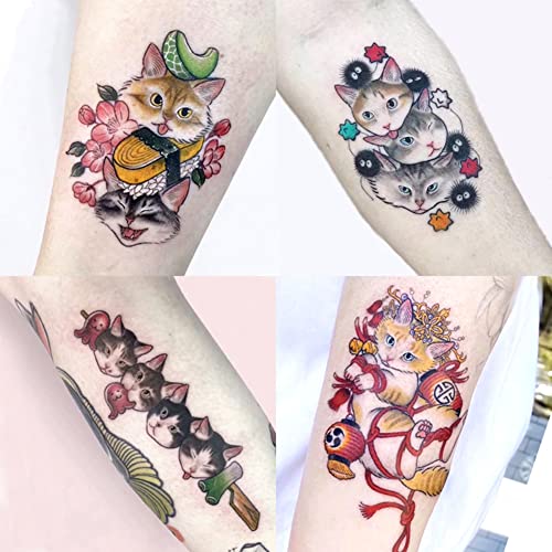 30 Sheets Waterproof Temporary Tattoo Stickers - Japanese Cat Design