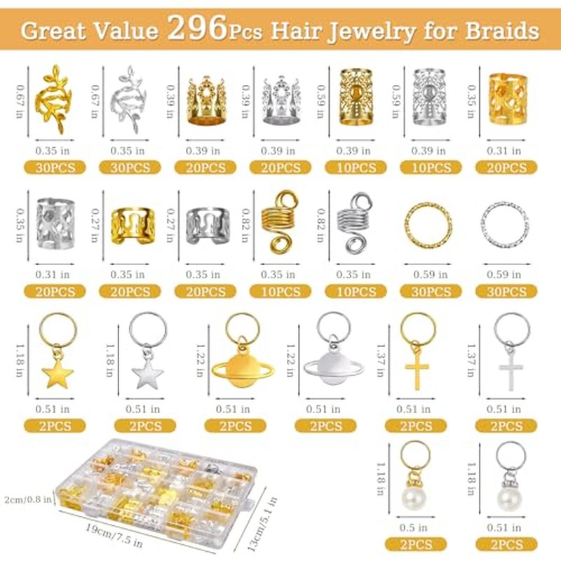 296PCS Gold & Silver Hair Jewelry for Braids - Durable Cuffs & Clips