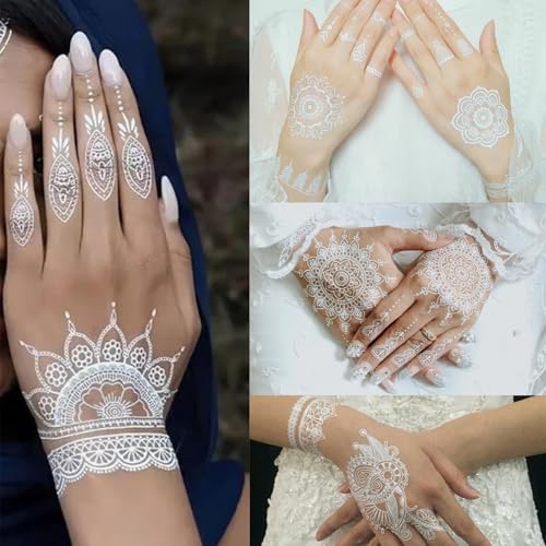 6 Sheets Henna Tattoos Temporary Stickers Flower Lace Lotus Pattern Waterproof Women Body Party Masquerade Halloween DIY Face Arms Legs Art Decoration (White)
