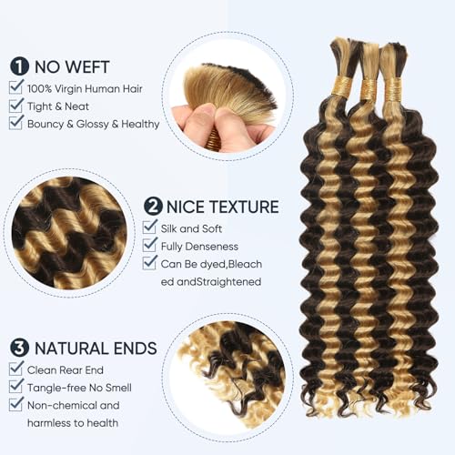CyorHRT 4/27 Deep Water Wave Human Hair Bundles - Honey Blonde, 150g, 20 Inch, Boho Curly Hair Extensions for Braiding, 3 Pack