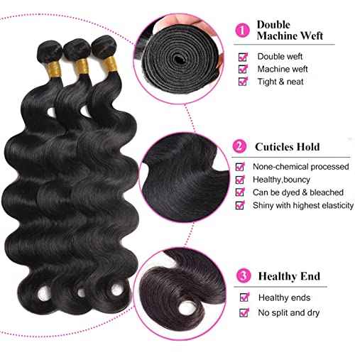 Body Wave Bundles with Closure Brazilian Human Hair 3 Bundles with Closure(10 12 14+10) Inch Body Wave 100% Unprocessed Virgin Hair Bundles with 4x4 Lace Closure Free Part Natural Color