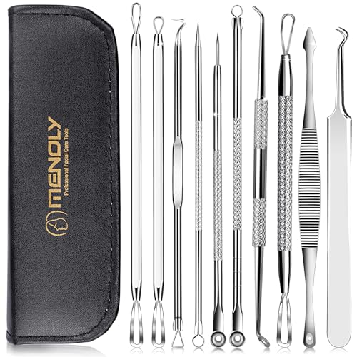 MENOLY Pimple Popper Tool Kit 10 Pcs, Pimple Blackhead Remover Tool Zit Popper for Blemish, Pimple Comedone Extractor Acne Tool for Blackheads, Acnes, Whiteheads Nose Face Tools with Leather Bag