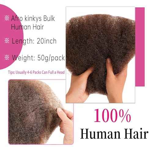 Afro Kinkys Bulk Human Hair For Braiding Afro Kinky-Curly Human Hair Bulk For Mini Twist Hair 20Inchs 50g/pack Bulk Human Braiding Hair For Micro Locs Extensions (4#, 20Inchs,50g/pack)