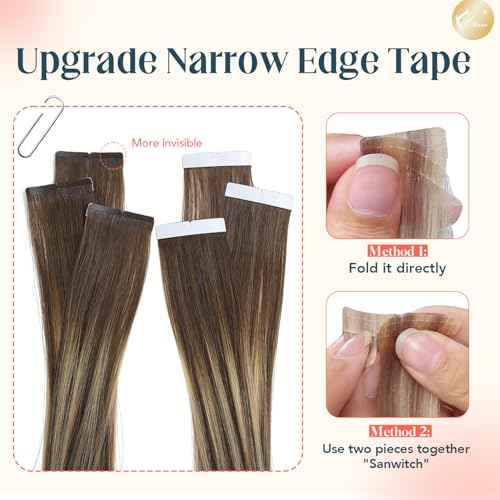 XDhair Tape in Hair Extensions Human Hair 20pcs 50g Balayage Chocolate Brown to Caramel Blonde with Chocolate Brown Roots Invisible Tape in Extensions for Women(14, #4/27/4)