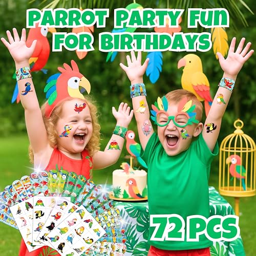 Parrot Party Favor Set - 72PC Tropical Tattoos & Slap Bracelets